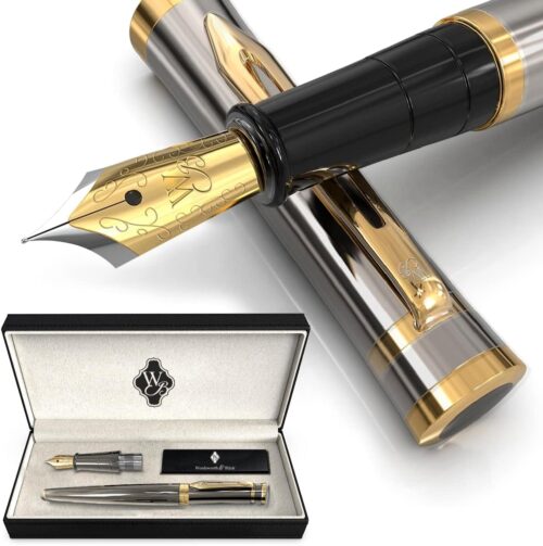 Wordsworth & Black Fountain Pen Set, 18K Gilded Medium and Extra Fine Nibs, 6 Ink Cartridges and Refill Converter, Gift Case, Smooth Writing Pens [Silver Gold], Perfect for Men...
