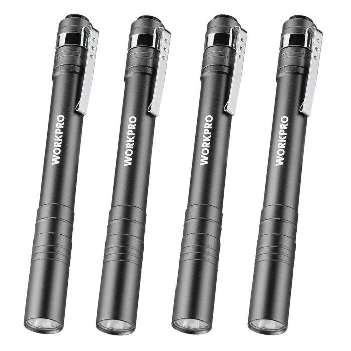 WORKPRO LED Pen Light, Aluminum Pen Flashlights, Pocket Flashlight with Clip for Inspection, Emergency, Everyday, 2AAA Batteries Include, Gray(4-Pack)