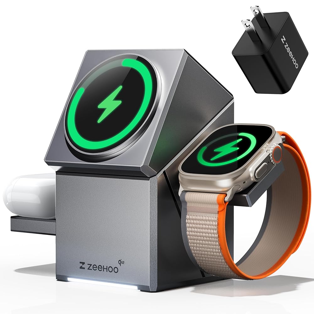 ZEEHOO 3 in 1 Charging Station for Apple MagSafe Charger, CubeTrick-X Qi2 15W Fast Wireless Charger Stand for Apple Watch, for iPhone 16,15,14,13,12 Series, AirPods (30W USB-C…