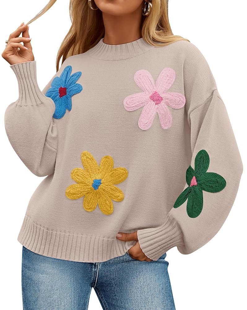 ZESICA Women’s Fall Long Puff Sleeve Sweaters 2024 Casual Crewneck Ribbed Knit Flower Color Block Loose Pullover Tops