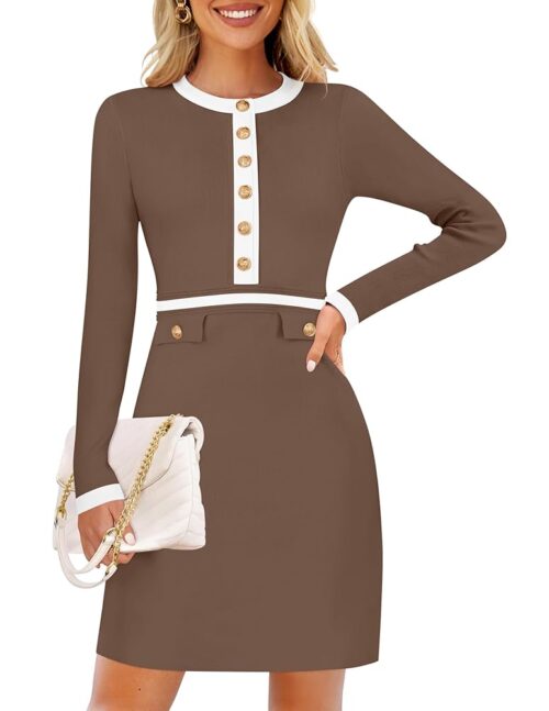 ZESICA Women's Fall Long Sleeve Bodycon Sweater Dress Crewneck Button Knit Color Block Party Mini Dresses