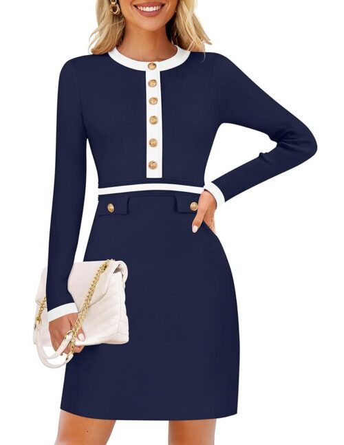 ZESICA Women's Fall Long Sleeve Bodycon Sweater Dress Crewneck Button Knit Color Block Party Mini Dresses