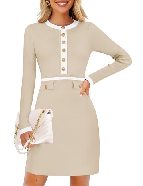 ZESICA Women's Fall Long Sleeve Bodycon Sweater Dress Crewneck Button Knit Color Block Party Mini Dresses