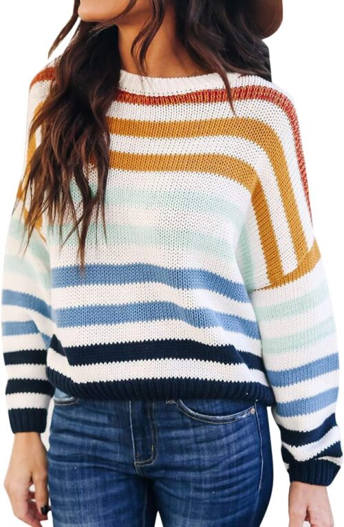 ZESICA Women's Fall Long Sleeve Crew Neck Striped Color Block Casual Loose Knitted Pullover Sweater Tops
