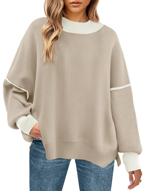 ZESICA Women's Winter Oversized Sweaters Long Sleeve Color Block Mock Neck Side Slit Comfy Loose Knitted Pullover Tops