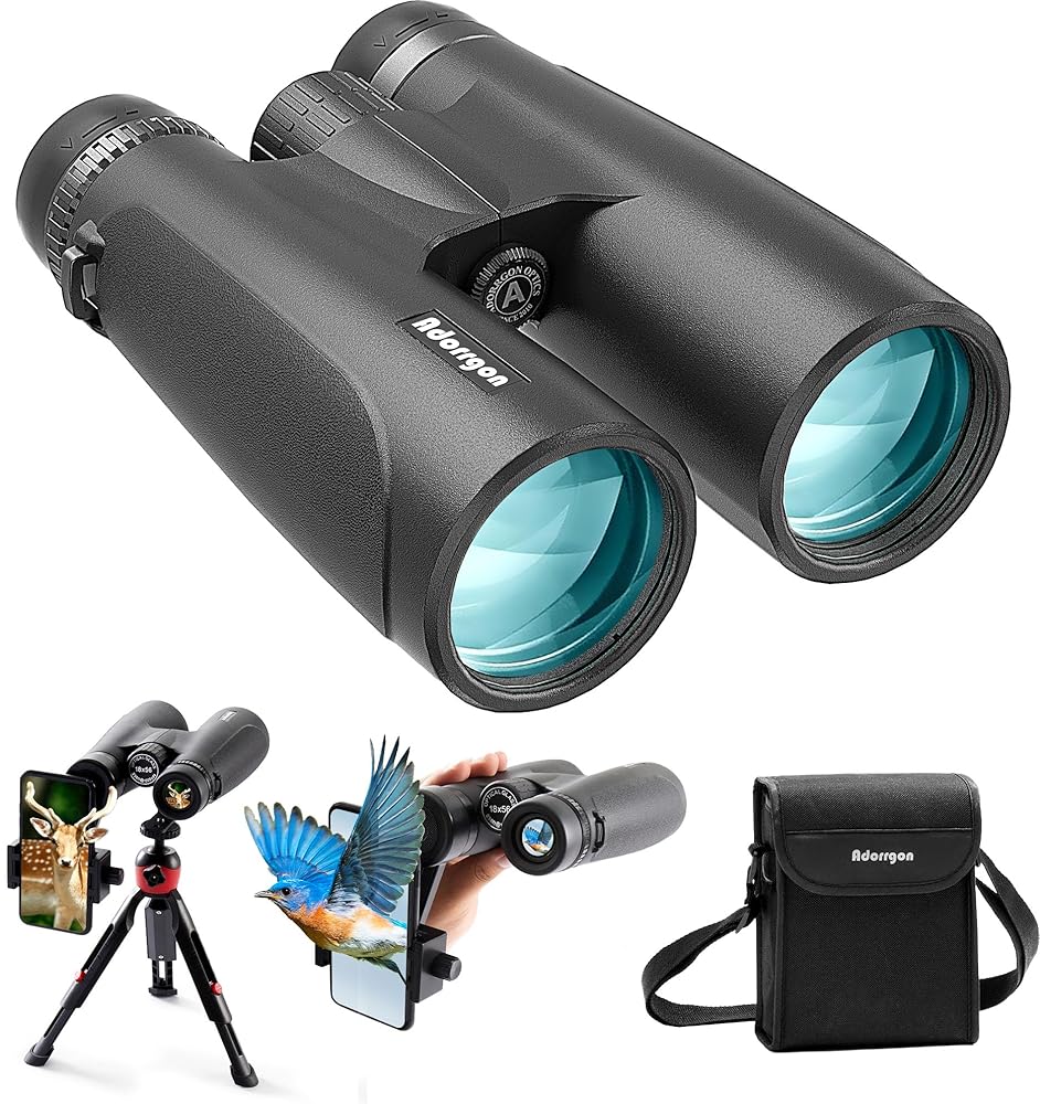 18×56 HD Binoculars for Adults High Powered with Phone Adapter and Tripod, Super Powerful BAK4 Prism FMC Waterproof Binoculars with Clear Low Light Vision, Binoculars for…