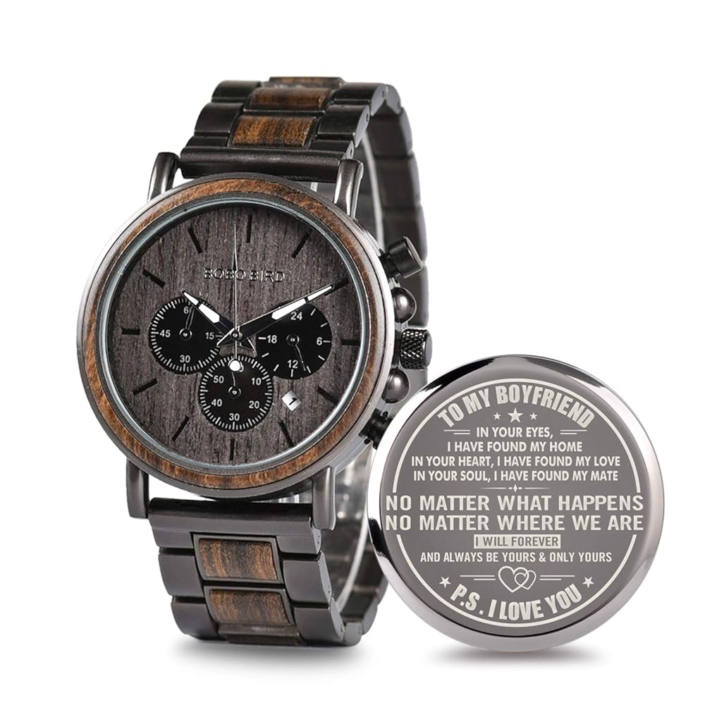 2win Engraved Wooden Watch for Boyfriend My Man Fiancé Husband Customized Personalized Wood Watches for Men Birthday Anniversary Personalized Watch