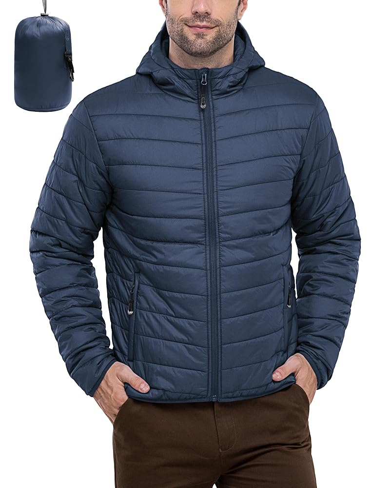 33,000ft Men’s Lightweight Packable Insulated Puffer Winter Jacket with Hood, Water-Resistant Down Alternative Puffy Coat