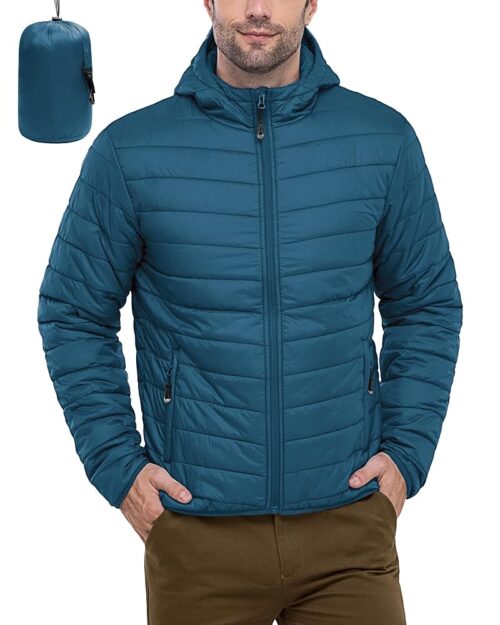 33,000ft Men's Lightweight Packable Insulated Puffer Winter Jacket with Hood, Water-Resistant Down Alternative Puffy Coat