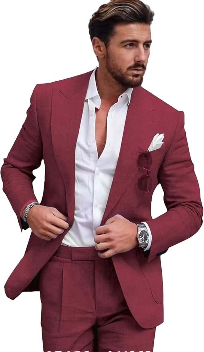 Mens Linen Suit for Beach Slim Fit 2 Piece Wedding Tuxedo for Men Casual Linen Suit Prom Party Suit