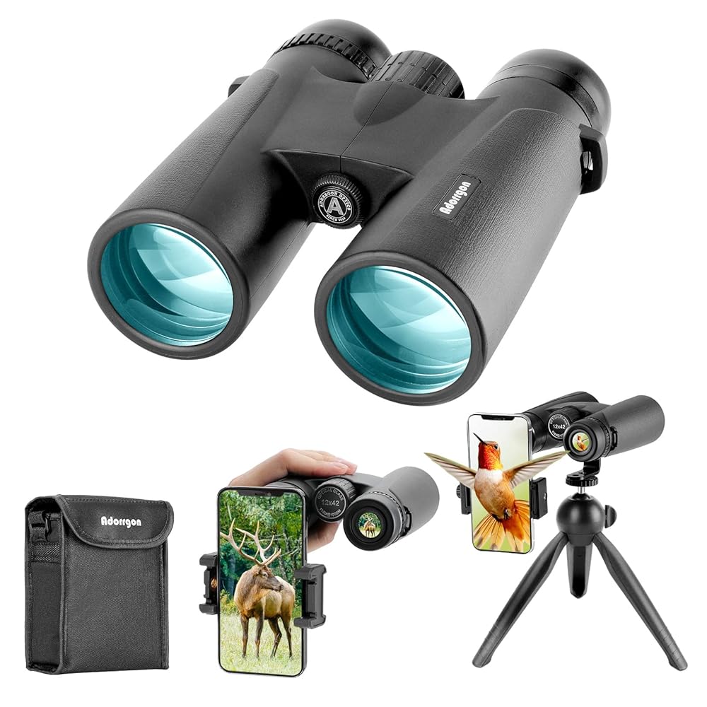 Adorrgon 12×42 HD Binoculars for Adults High Powered with Phone Adapter, Tripod and Tripod Adapter – Large View Binoculars with Clear Low Light Vision – Binoculars for Bird…