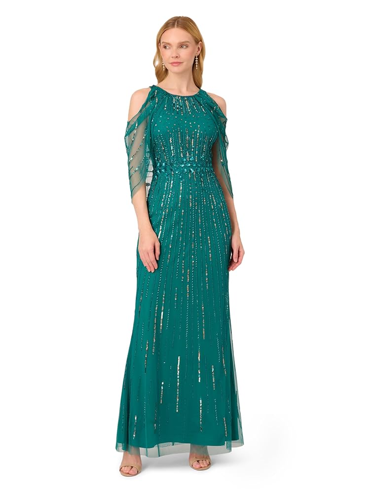 Adrianna Papell Women’s Cold Shoulder Bead Gown