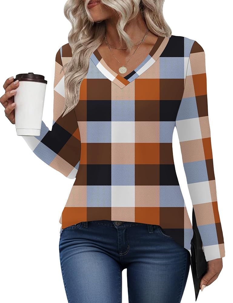 AKEWEI Long Sleeve Tops for Women V Neck Shirts Dressy Casual Blouses Fall Basic Tees Loose Tshirt 2024