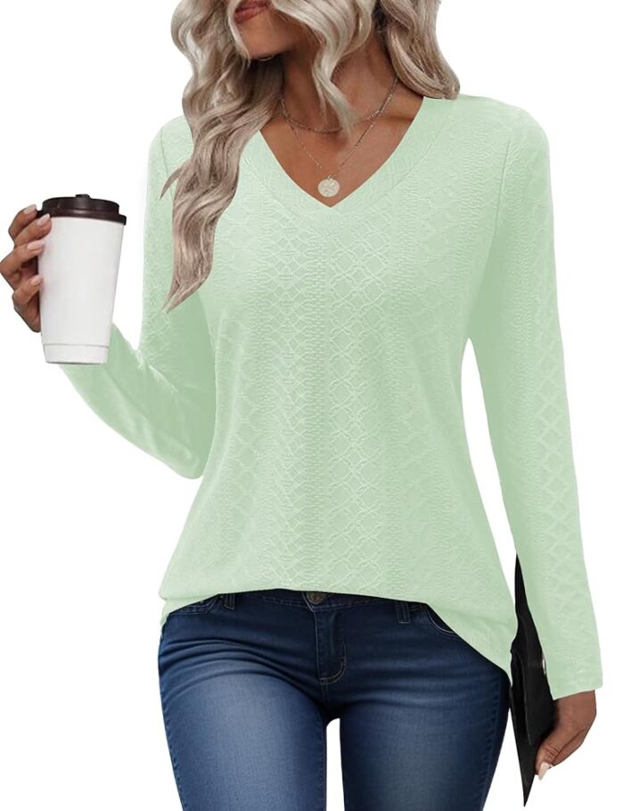 AKEWEI Long Sleeve Tops for Women V Neck Shirts Dressy Casual Blouses Fall Basic Tees Loose Tshirt 2024