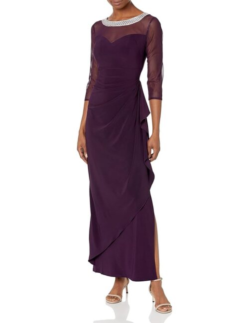 Alex Evenings Women's Long Matte Jersey Mother of The Bride Dress with 3/4 Illusion Sleeves (Petite and Regular Sizes)