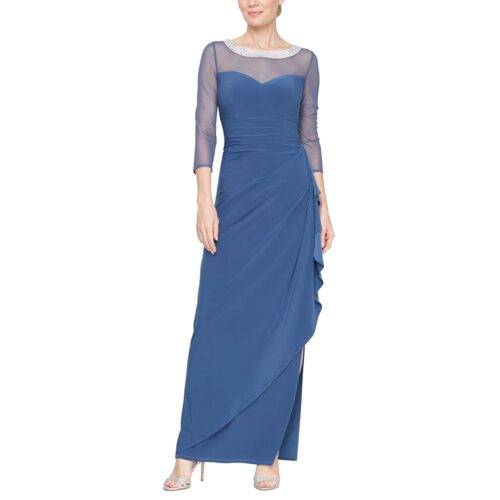 Alex Evenings Women's Long Matte Jersey Mother of The Bride Dress with 3/4 Illusion Sleeves (Petite and Regular Sizes)