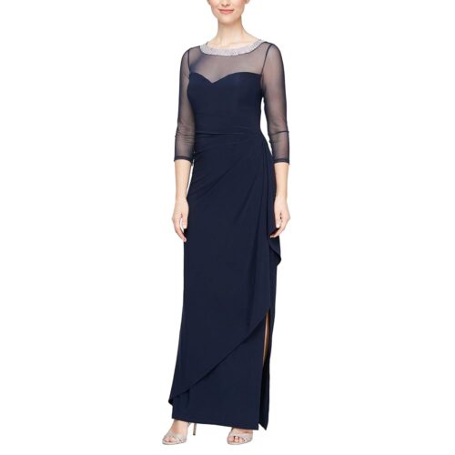 Alex Evenings Women's Long Matte Jersey Mother of The Bride Dress with 3/4 Illusion Sleeves (Petite and Regular Sizes)