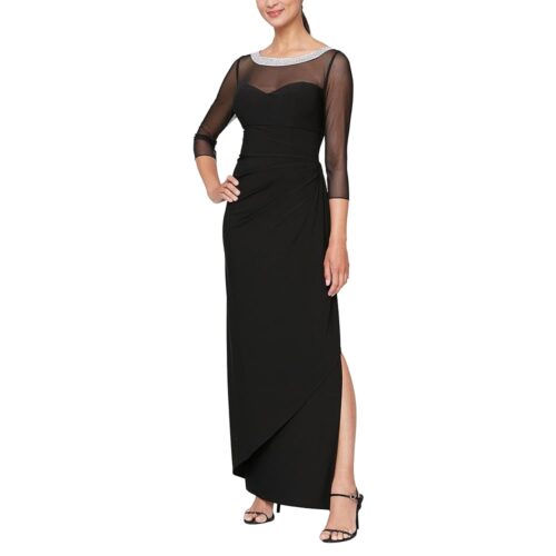Alex Evenings Women's Long Matte Jersey Mother of The Bride Dress with 3/4 Illusion Sleeves (Petite and Regular Sizes)