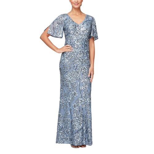 Alex Evenings Women's Long Mother of The Bride Sequin Dress with Cold Shoulder Flutter Sleeves (Petite and Regular Sizes)