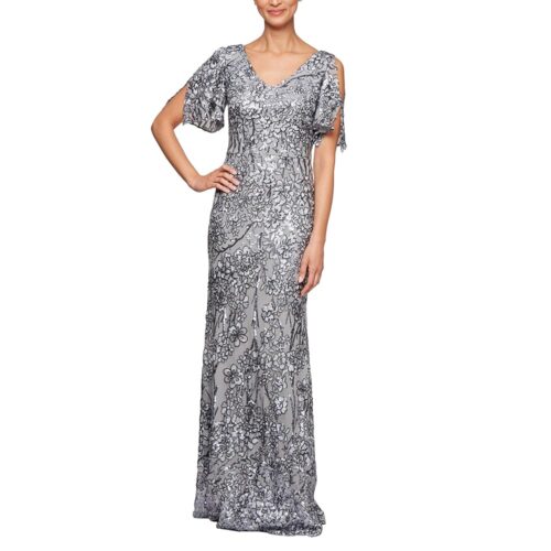Alex Evenings Women's Long Mother of The Bride Sequin Dress with Cold Shoulder Flutter Sleeves (Petite and Regular Sizes)