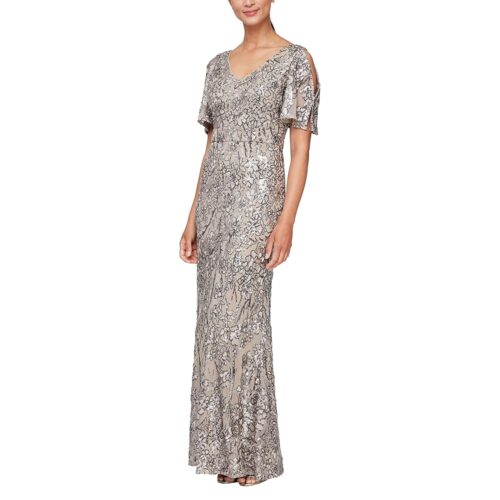 Alex Evenings Women's Long Mother of The Bride Sequin Dress with Cold Shoulder Flutter Sleeves (Petite and Regular Sizes)