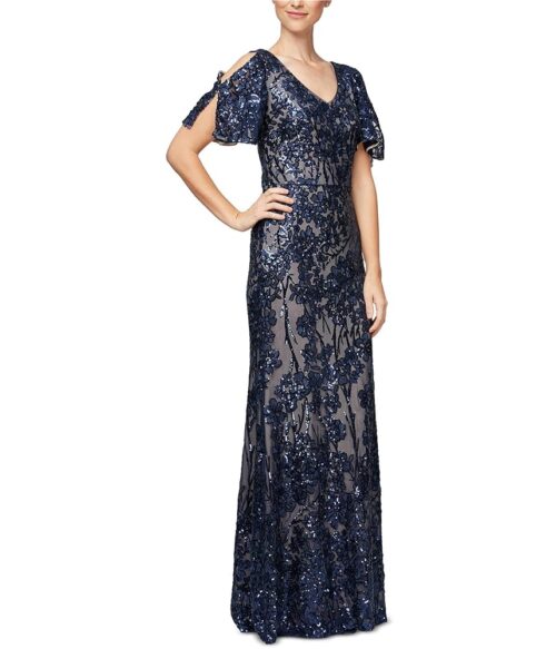 Alex Evenings Women's Long Mother of The Bride Sequin Dress with Cold Shoulder Flutter Sleeves (Petite and Regular Sizes)