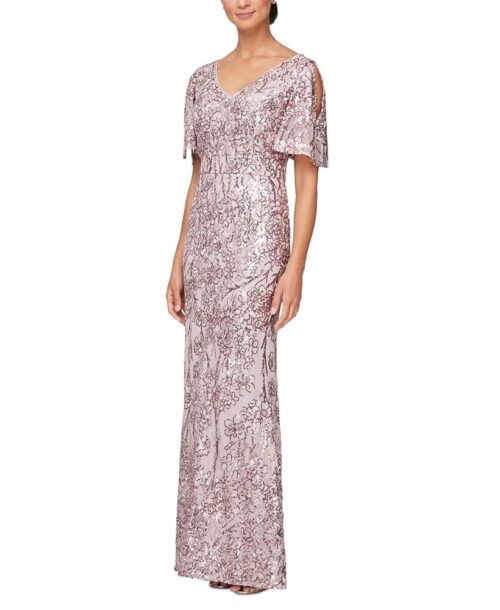Alex Evenings Women's Long Mother of The Bride Sequin Dress with Cold Shoulder Flutter Sleeves (Petite and Regular Sizes)