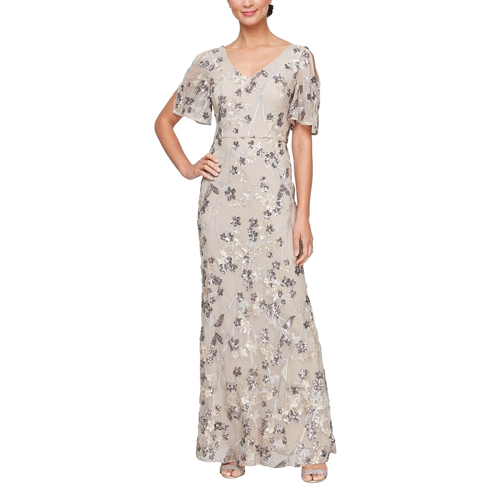 Alex Evenings Women’s Long Mother of The Bride Stretch Sequin Dress with Cold Shoulder Flutter Sleeves