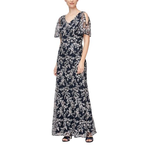 Alex Evenings Women's Long Mother of The Bride Stretch Sequin Dress with Cold Shoulder Flutter Sleeves