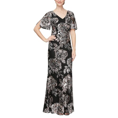 Alex Evenings Women's Long Mother of The Bride Stretch Sequin Dress with Cold Shoulder Flutter Sleeves