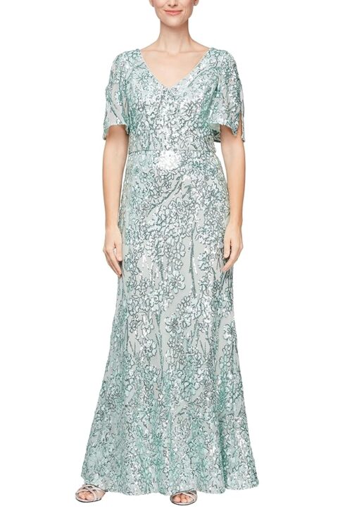 Alex Evenings Women's Long Mother of The Bride Stretch Sequin Dress with Cold Shoulder Flutter Sleeves