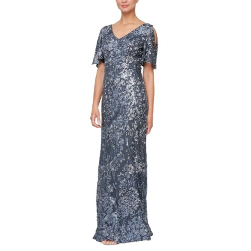 Alex Evenings Women's Long Mother of The Bride Stretch Sequin Dress with Cold Shoulder Flutter Sleeves