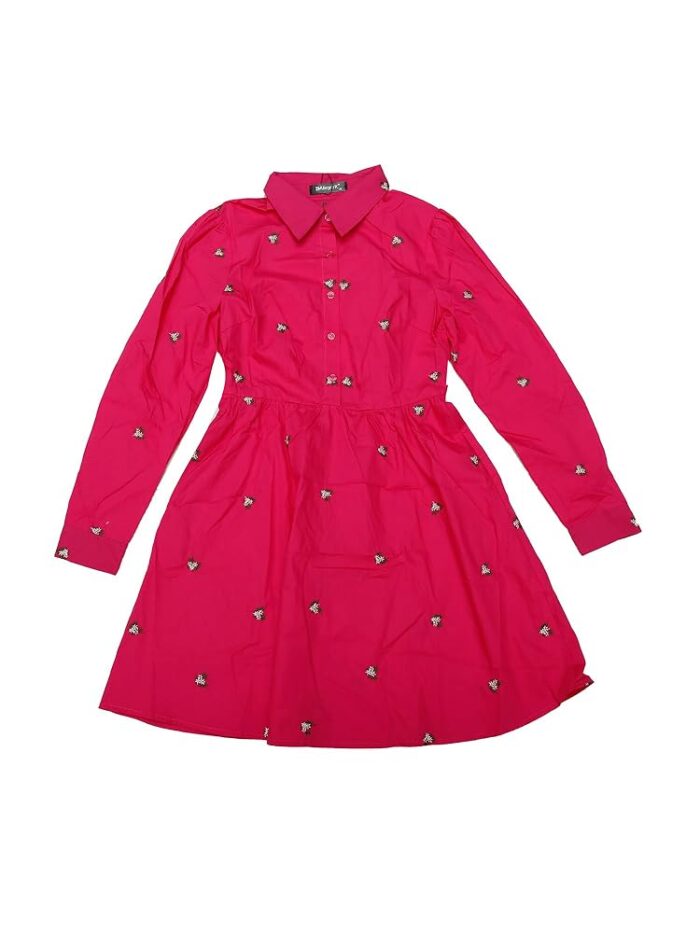 Allegra K Women's Casual Shirt Dress Long Sleeve Half Placket Embroidered Floral Mini Dresses