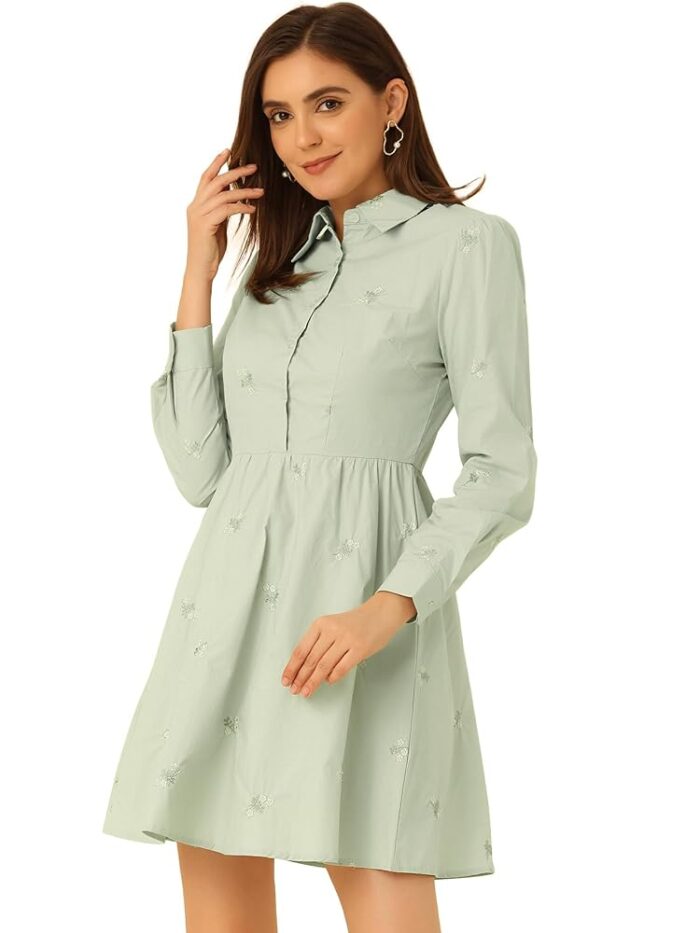 Allegra K Women's Casual Shirt Dress Long Sleeve Half Placket Embroidered Floral Mini Dresses