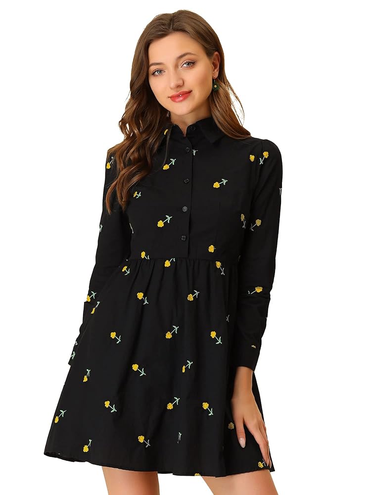 Allegra K Women’s Casual Shirt Dress Long Sleeve Half Placket Embroidered Floral Mini Dresses