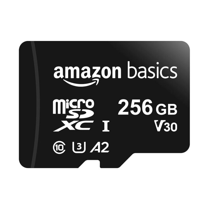 Amazon Basics Micro SDXC Memory Card with Full Size Adapter, A2, U3, Read Speed up to 100 MB/s, 256 GB, Black