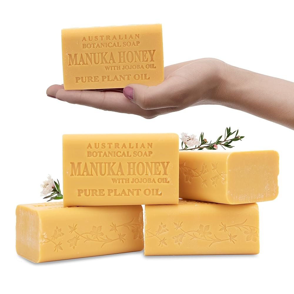 Australian Botanical Soap, Manuka Honey with Jojoba Oil 6.6 oz. (187 g) Soap Bars | Natural Soap Base | All Skin Types | Women & Men | Shea Butter Enriched Bar Soap – Pack of 4