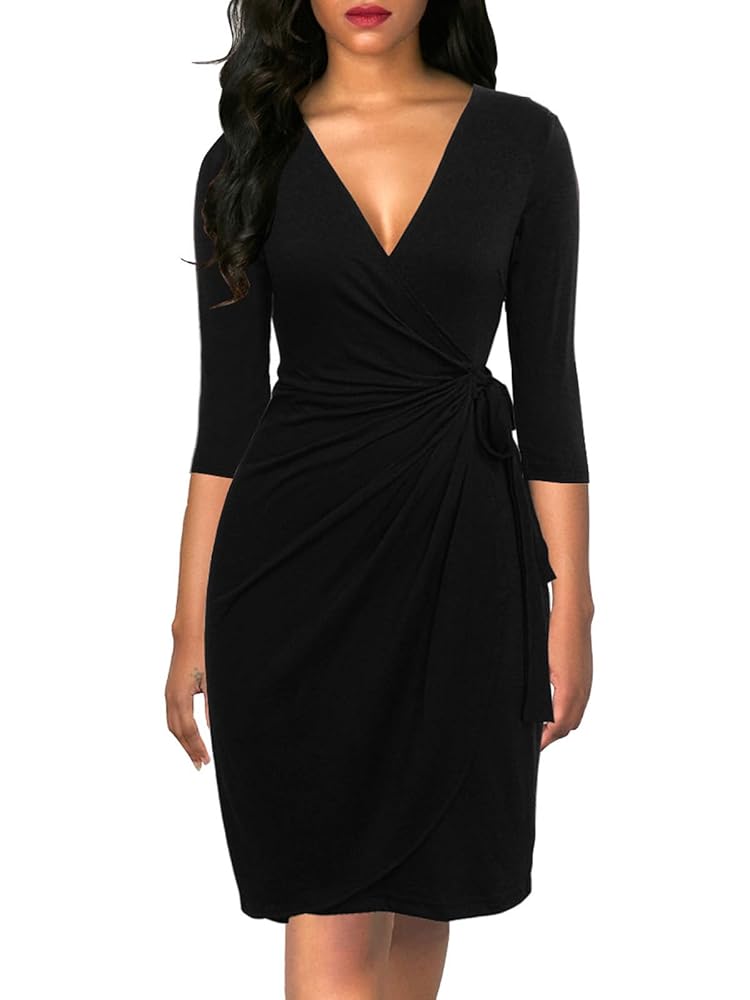 Berydress Women’s Classic 3/4 Sleeve V Neck Sheath Casual Party Work Faux Black Wrap Dress