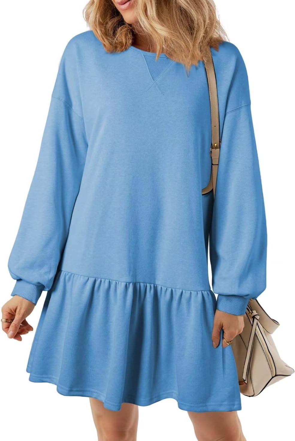 BLENCOT Womens 2024 Fall Long Sleeve Pullover Tops Crewneck Rib Knit Patchwork Sweatshirt Dress Casual Mini Dresses