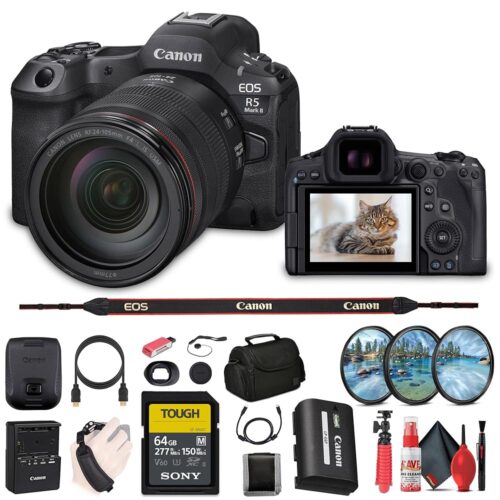 Canon EOS R5 Mark II Mirrorless Camera with 24-105mm f/4 Lens (6536C012) + 64GB SF-M Tough Series Memory Card + Bag + Card Reader + Filter Kit + Flex Tripod + Cleaning Kit +...
