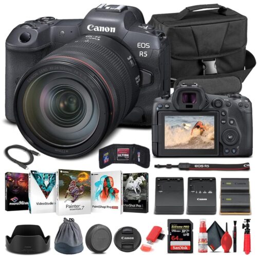 Canon EOS R5 Mirrorless Digital Camera with 24-105mm f/4L Lens (4147C013) + 64GB Memory Card + Case + Corel Photo Software + LPE6 Battery + External Charger + Card Reader + More...