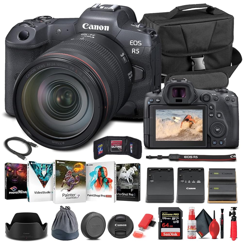 Canon EOS R5 Mirrorless Digital Camera with 24-105mm f/4L Lens (4147C013) + 64GB Memory Card + Case + Corel Photo Software + LPE6 Battery + External Charger + Card Reader + More…