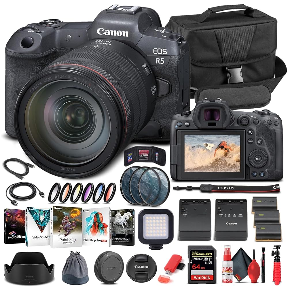 Canon EOS R5 Mirrorless Digital Camera with 24-105mm f/4L Lens (4147C013), 64GB Memory Card, Case, Corel Photo Software, 2 x LPE6 Battery, External Charger, Card Reader, LED…