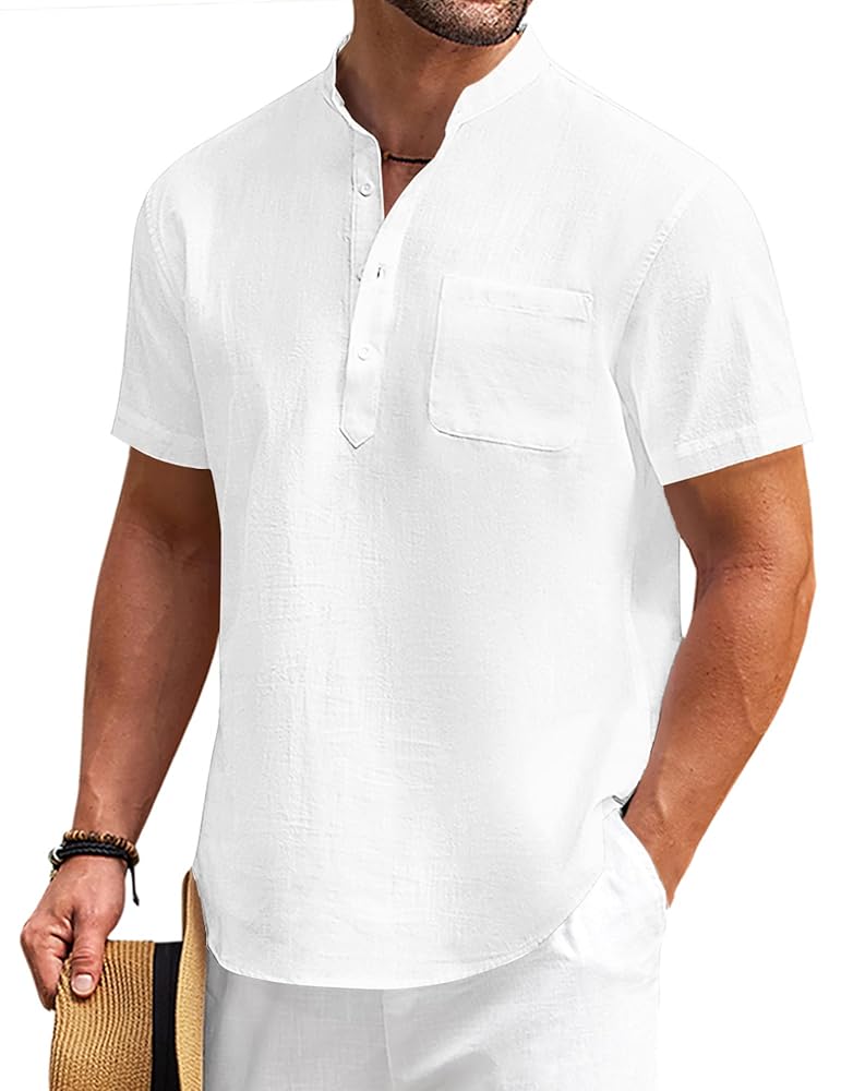 COOFANDY Men’s Cotton Linen Henley Shirt Short Sleeve Hippie Casual Beach T-Shirts with Pocket