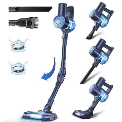 Cordless Vacuum Cleaner, Lightweight Stick Vacuum Cleaner, 6 in 1, Self-Standing with Powerful Suction, 180° Bendable Wand Rechargeable Cordless Vacuum for Hardwood Floor (Blue)