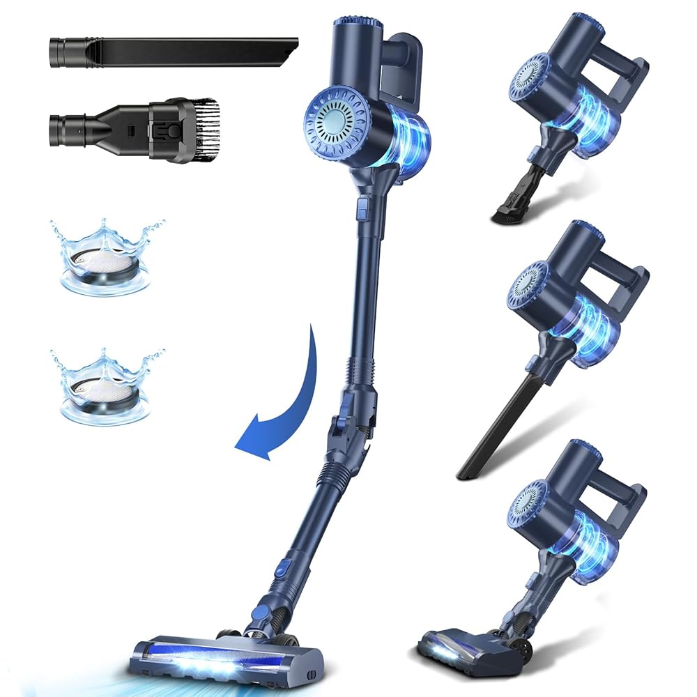 Cordless Vacuum Cleaner, Lightweight Stick Vacuum Cleaner, 6 in 1, Self-Standing with Powerful Suction, 180° Bendable Wand Rechargeable Cordless Vacuum for Hardwood Floor (Blue)
