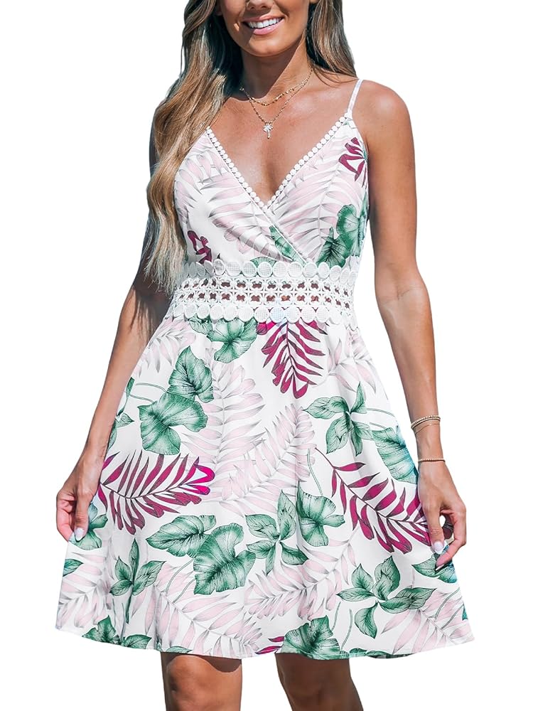 CUPSHE Women’s Mini Dress V Neck Tropical Floral Crochet Sleeveless Adjustable Straps A Line Summer Dresses