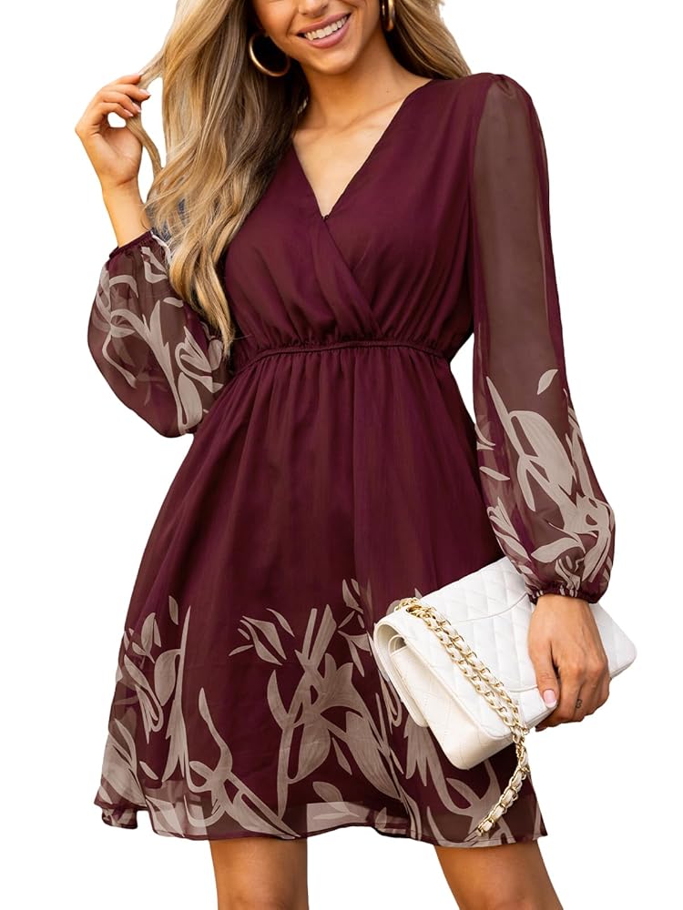 CUPSHE Women’s Mini Dresses Casual Spring V Neck Chiffon Long Peasant Sleeves Flowy Summer Dress