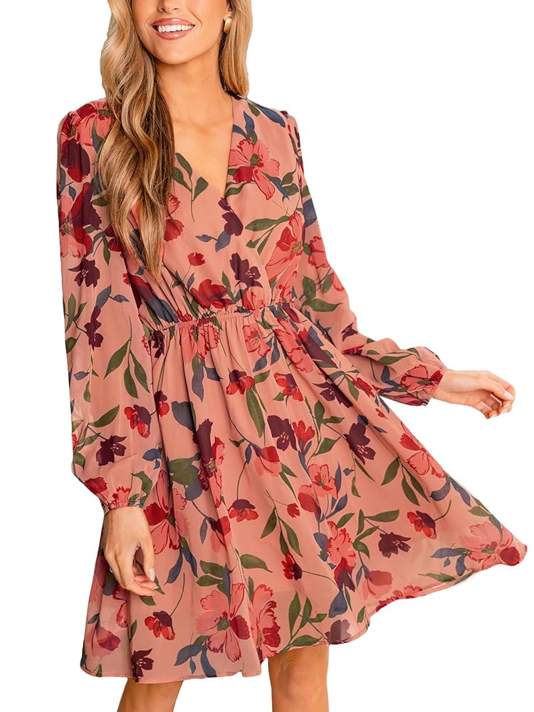 CUPSHE Women’s Mini Dresses Casual Spring V Neck Chiffon Long Peasant Sleeves Flowy Summer Dress