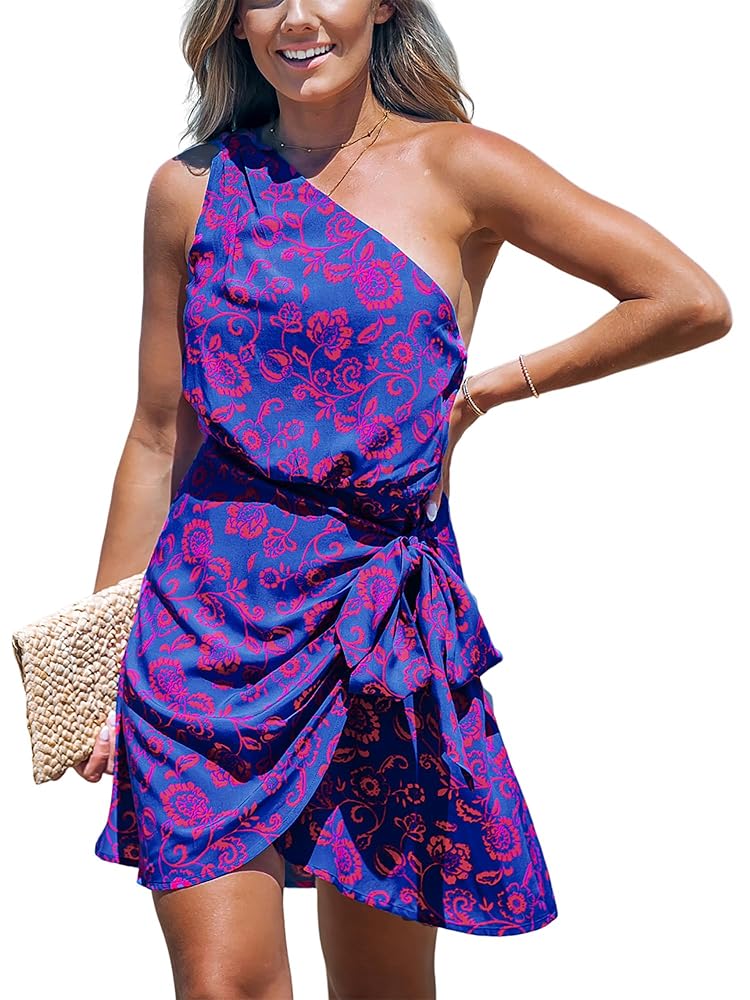 CUPSHE Women’s One Shoulder Leaf Print Self-tie Short Dress Sleeveless Tiered Hem Formal Dress Casual Mini Dress